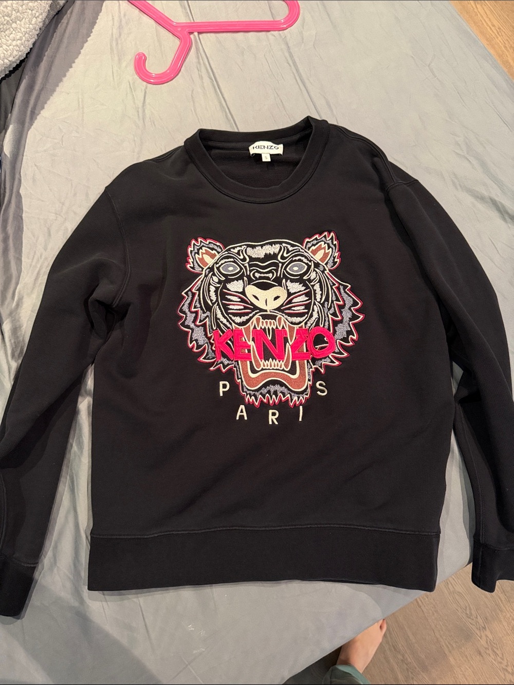 Kenzo Black Crewneck Sweatshirt with Pink & White Tiger Emblem